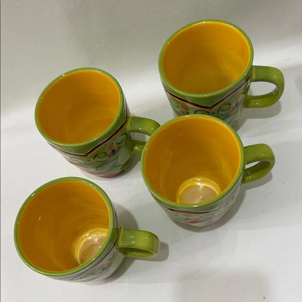Pier 1 Pasilla Mug Set 4 Green Yellow Pepper Theme 3 1/2 In Round 4 1/4 In Tall